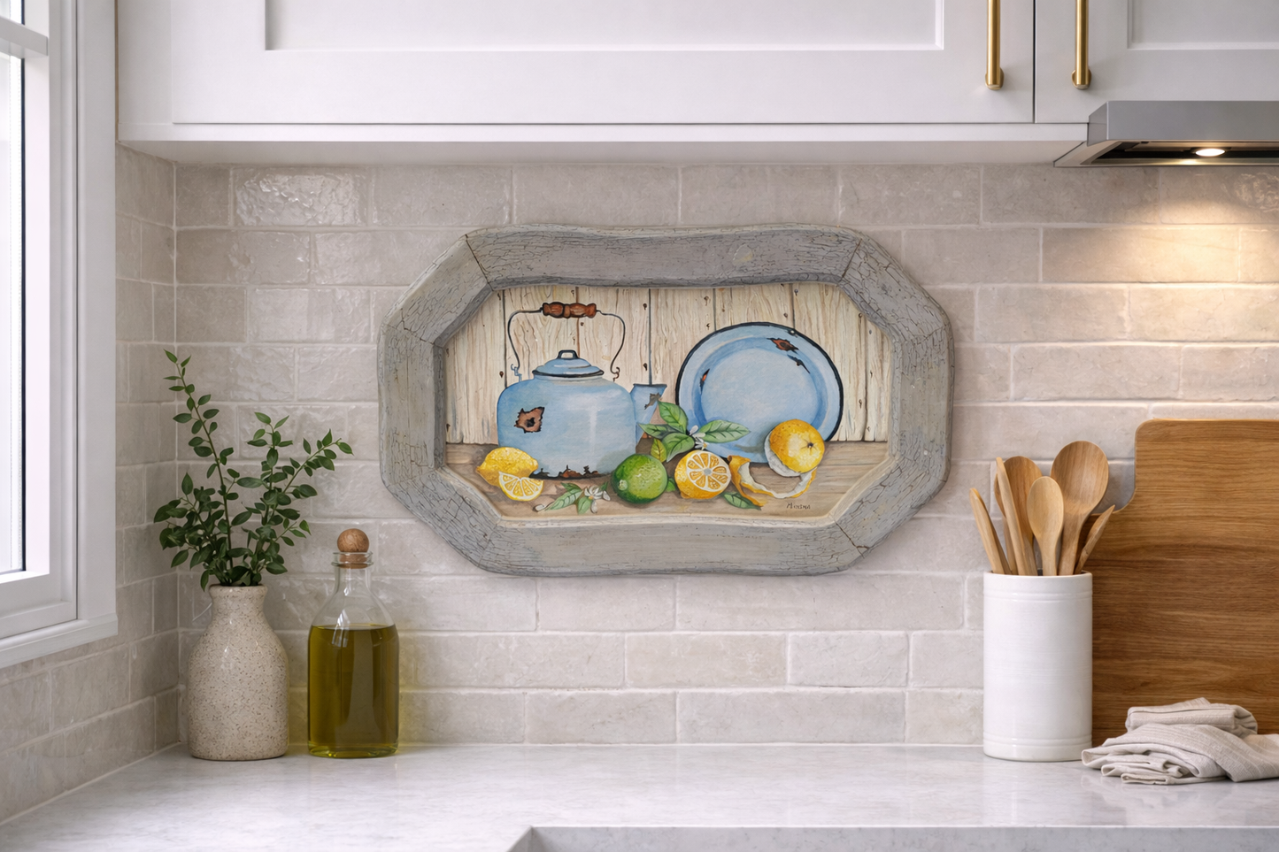 Original Artwork: "Rustic Enamel Kettle & Citrus Still Life"