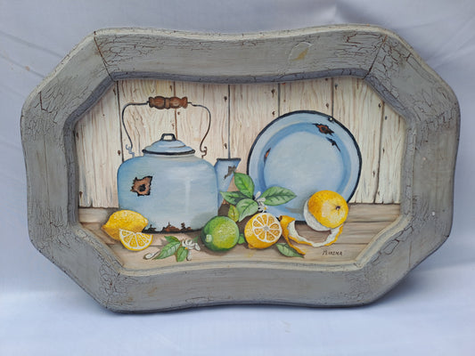 Original Artwork: "Rustic Enamel Kettle & Citrus Still Life"